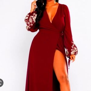 Women's embroidery marron wrap around dress